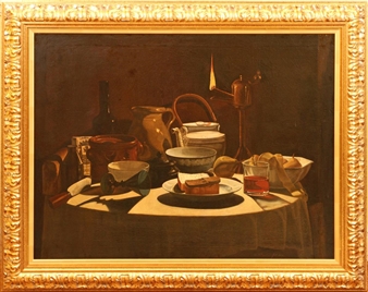 A still life of pitcher, pottery, and glass beaker - M.H. Besselnaar