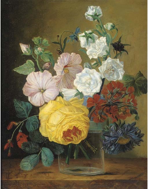 Jan Frans van Dael | Mixed flowers in a glass vase on a ledge (1798 ...