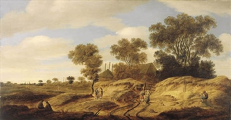 A dune landscape with figures by a farm, church spires in the distance - Isack van Ruysdael