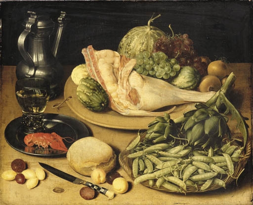 Artwork by Georg Flegel, Artichokes and peas in the pod in a basket, a joint of pork, grapes, onions and cucumbers on a platter, a roemer and a crayfish on a pewter dish, with a pewter flagon, an ornate knife, a bread roll, plums, peaches and almonds on a wooden table, Made of oil on canvas