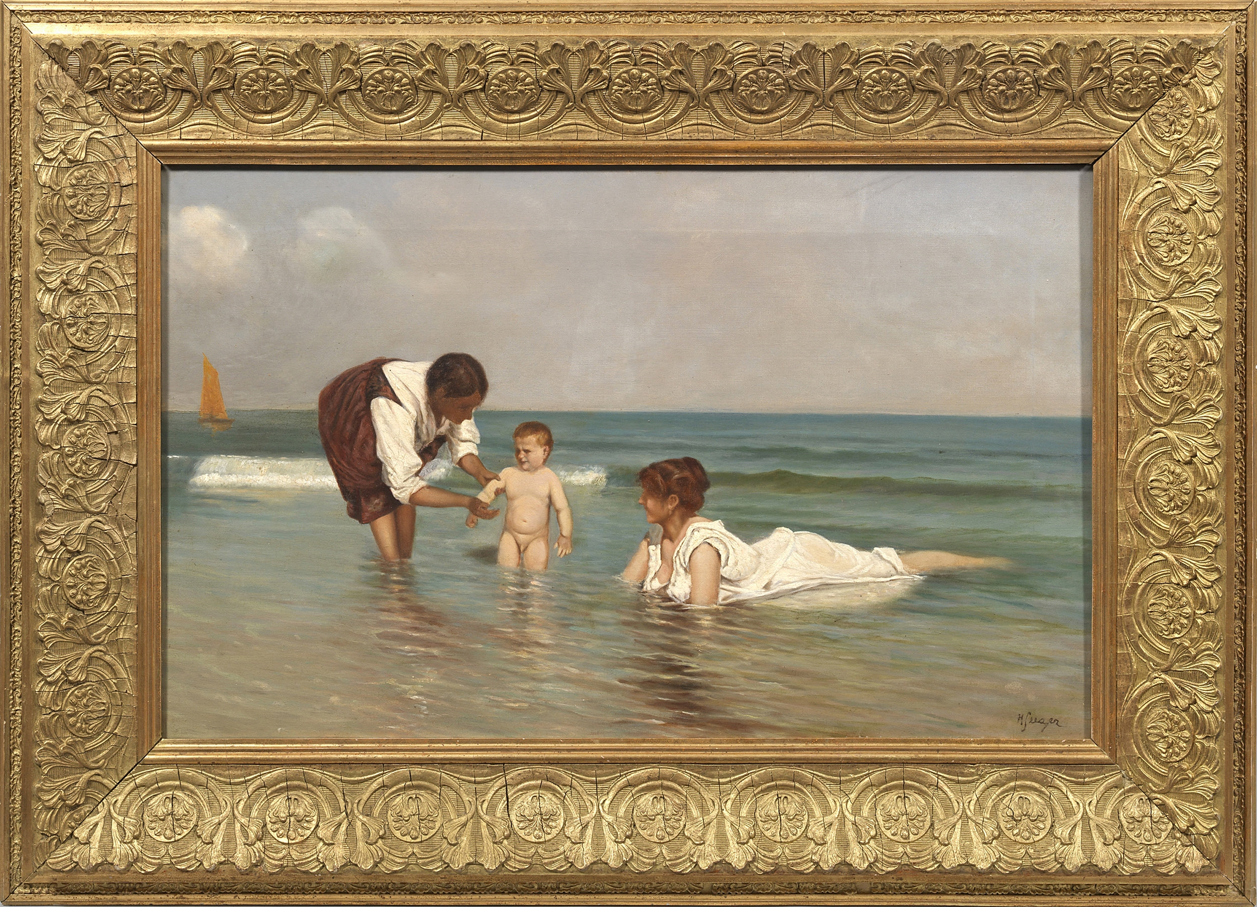 Artwork by Hermann Seeger, Erstes Bad am Ostseestrand, Made of oil on canvas