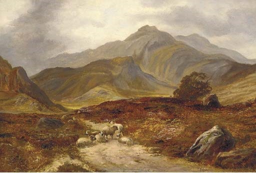 Sheep in a Highland landscape by C. Fraser