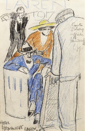 A couple inspecting an artist's work - a poster design by Willy Sluiter, 1917