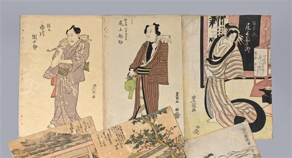 Six oban tate-e représentant des portraits d'acteurs debout by Utagawa Toyokuni II, Utagawa Toyokuni
