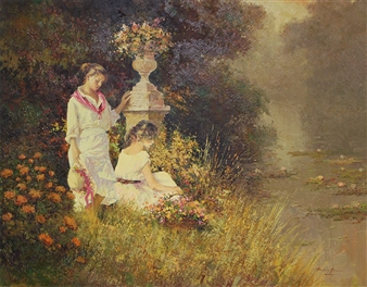 A soft-focus oil painting of two figures in white dresses tending to flowers by a misty river.