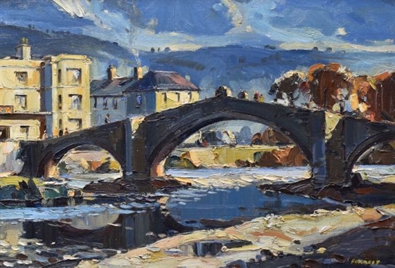 Llanrwst Bridge over the Conwy, north Wales, with figures walking and the town buildings in the background by Edwin Vincent Forrest