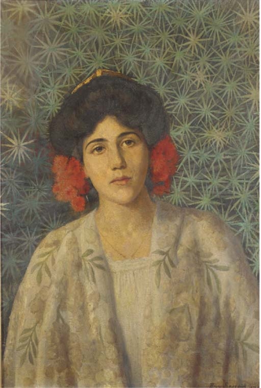 Artwork by Bruno Sassnick, a lady wearing Oriental style dress, her hair adorned with flower sprays, before a dense ground of bamboo, Made of oil on canvas