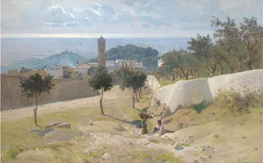 Picking olives above an Italian village by Othmar Brioschi, 1890