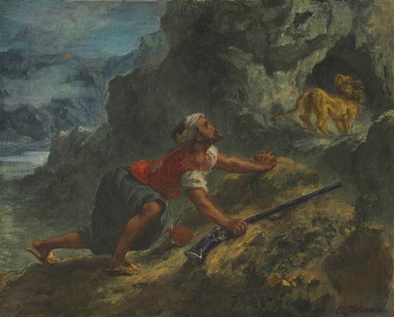 Arab Stalking a Lion by Eugène Delacroix, circa 1849-1850