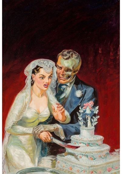 I Take Thee, Death, 15 Mystery Stories pulp magazine cover by Norman Saunders, 1950
