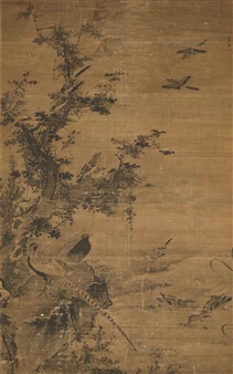 A traditional ink painting of a natural landscape featuring birds and foliage.