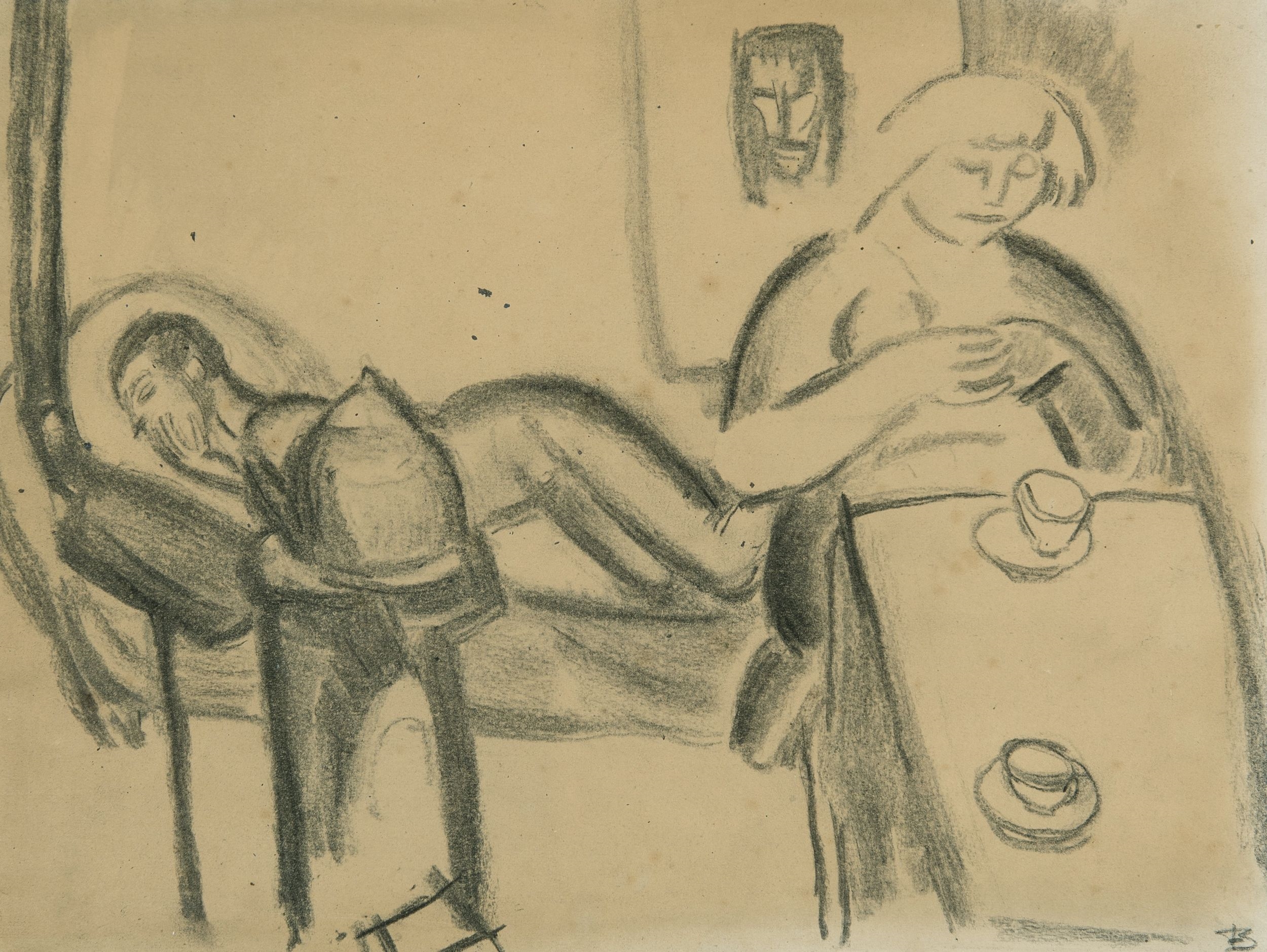 Interior with Sleeping Man and Woman Sitting at a Table by Frits van den Berghe, 1919