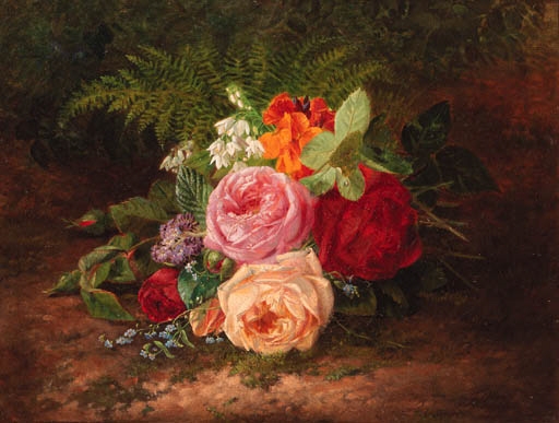 A flower still life with roses, forget-me-nots and indian cress by François Joseph Huygens, 1867