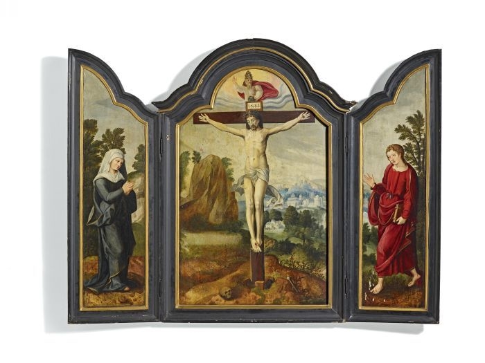 Master of the Antwerp Adoration | Christ crucified on Calvary set ...