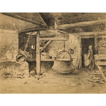 A monochromatic sketch of a rustic interior featuring a large suspended cauldron and a figure in the doorway.