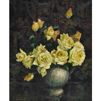 Gelbe Rosen in kugelbauchiger Vase. - Paul Sechaud