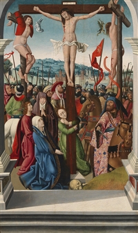 The Crucifixion "with throng", left wing: a lavishly clad bishop saint, right wing: Saint George and the Dragon - Hispano-Flemish School, 15th Century