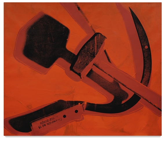 A painting of a hammer and sickle on an orange background.