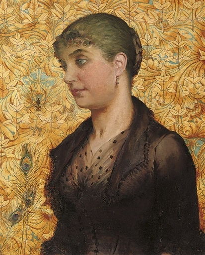 Artwork by Ida Verner, Portrait of a lady, bust-length, in a black dress against a gilt and blue leaf-patterned backdrop, Made of oil on canvas