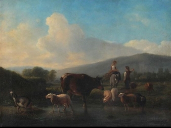 Shepherd's couple with cows and sheep near the watering place - Henri Verbeeck