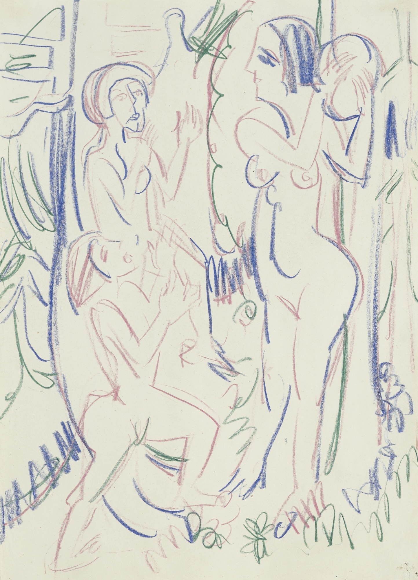 Artwork by Ernst Ludwig Kirchner, Ballspielende Nackte Frauen Im Wald (Female Nudes Playing Ball In The Woods), Made of Colored crayon on paper