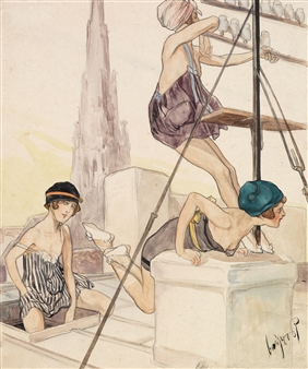 A watercolor illustration of three figures in swimwear performing acrobatics on a rooftop structure.