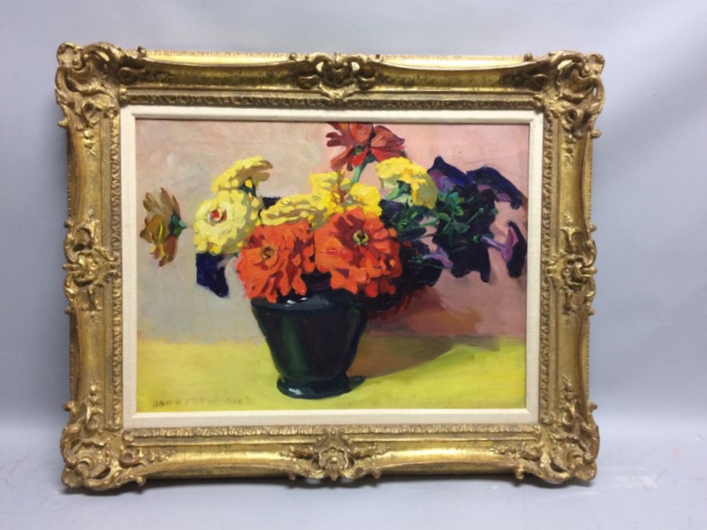 Jane Peterson | Zinnias and Petunias in a Vase | MutualArt