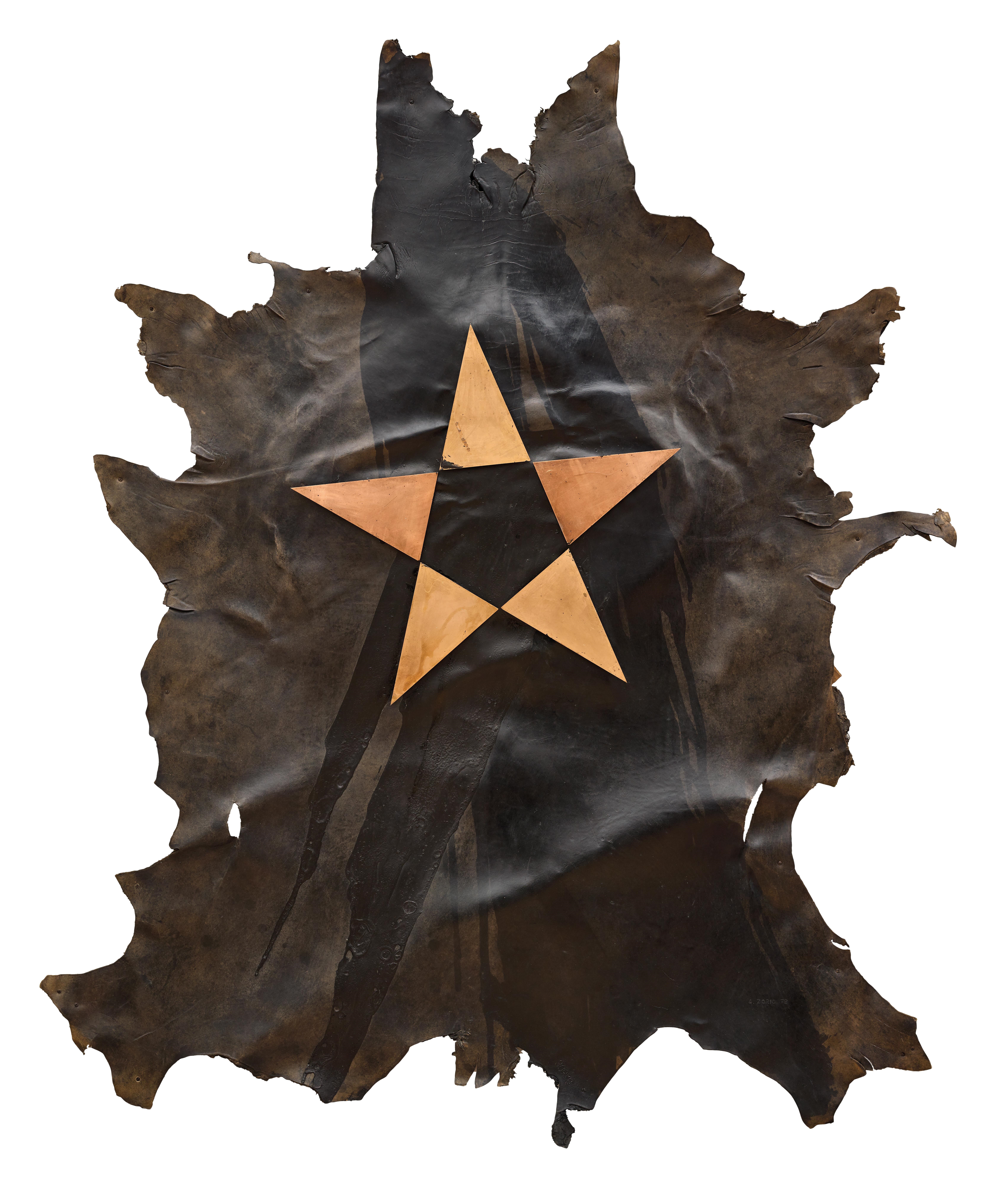 Artwork by Gilberto Zorio, Stella di Rame, Made of Copper, black acrylic enamel and leather tanned with tannin mounted on wood panel