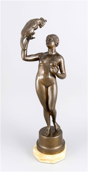 Frauenakt mit Papagei - Monogrammist E.U.J. 