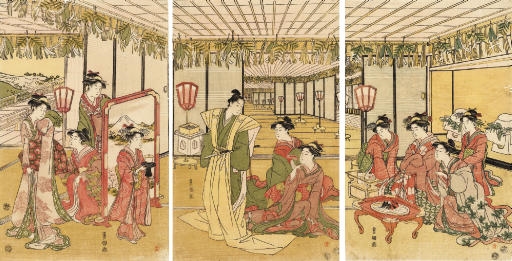A young samurai surrounded by a group of admiring women by Utagawa Toyokuni