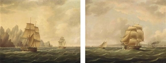A frigate running past a port with the outward-bound packet Rapid off her stern;  and A British armed brig and Dutch galliot off a rocky coast, thought to be in Arctic waters - Thomas Buttersworth, Jr
