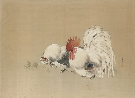 a cockerel, hen and chicks beside flowers by Seitei Watanabe