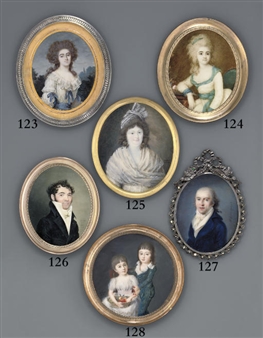 A young girl and her brother; she, seated in white dress with pink sash, green and red embroidered hem and holding a basket of peaches and cherries; he, standing in blue coat and trousers, open white shirt with frilled collar with his right arm on his sisters shoulders, his left hand holding cherries - Antoine-Joseph Helant