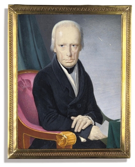 Francis I (1768-1835), Emperor of Austria 1806-1835, seated in a velvet and gilt wood mauve-coloured chair embossed with a crown, in black suit, white waistcoat and black stock, holding a letter in his right hand, his left hand clasping his right wrist; green drapery background - Heinrich Schödl