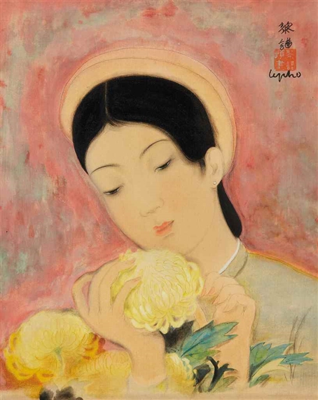 LA JEUNE FILLE AUX PIVOINES by Lê Phổ, 1940s