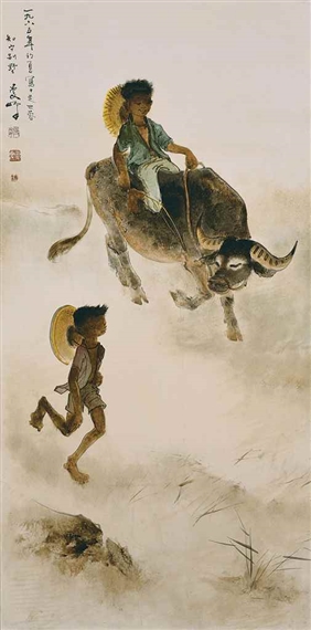 BUFFALO AND HERD BOYS by Lee Man Fong, 1965