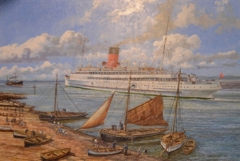 the Isle of Mann steamer 'Ben My Chree' leaving Fleetwood with Morecambe Bay prawners on the shoreline being prepared for sea - Edgar Hodges
