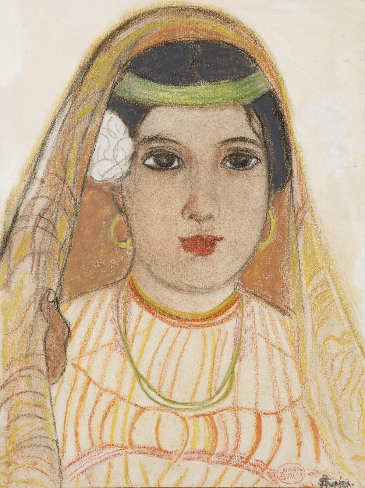Artwork by André Suréda, Jeune fille à la rose blanche, Made of pastel, charcoal and crayons on paper