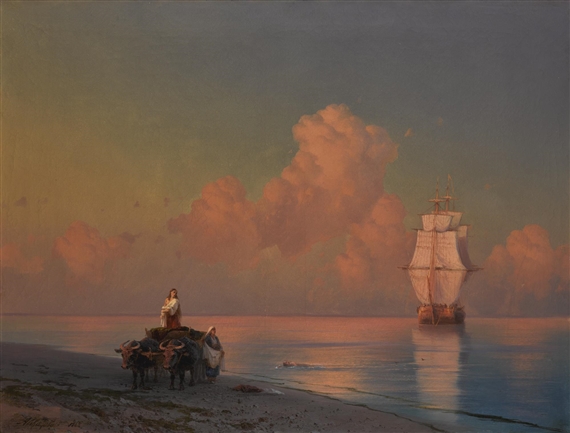 AN OX-DRAWN CART ON THE SHORE AND A SWIMMER IN THE SHALLOWS by Ivan Aivazovsky, 1868