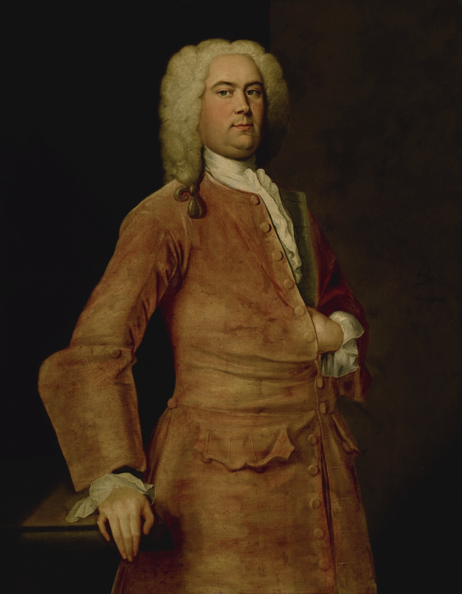 PORTRAIT OF A MAN IN A RED COAT, KNEE-LENGTH, TRADITIONALLY IDENTIFIED AS GEORGE FREDERICK HANDEL