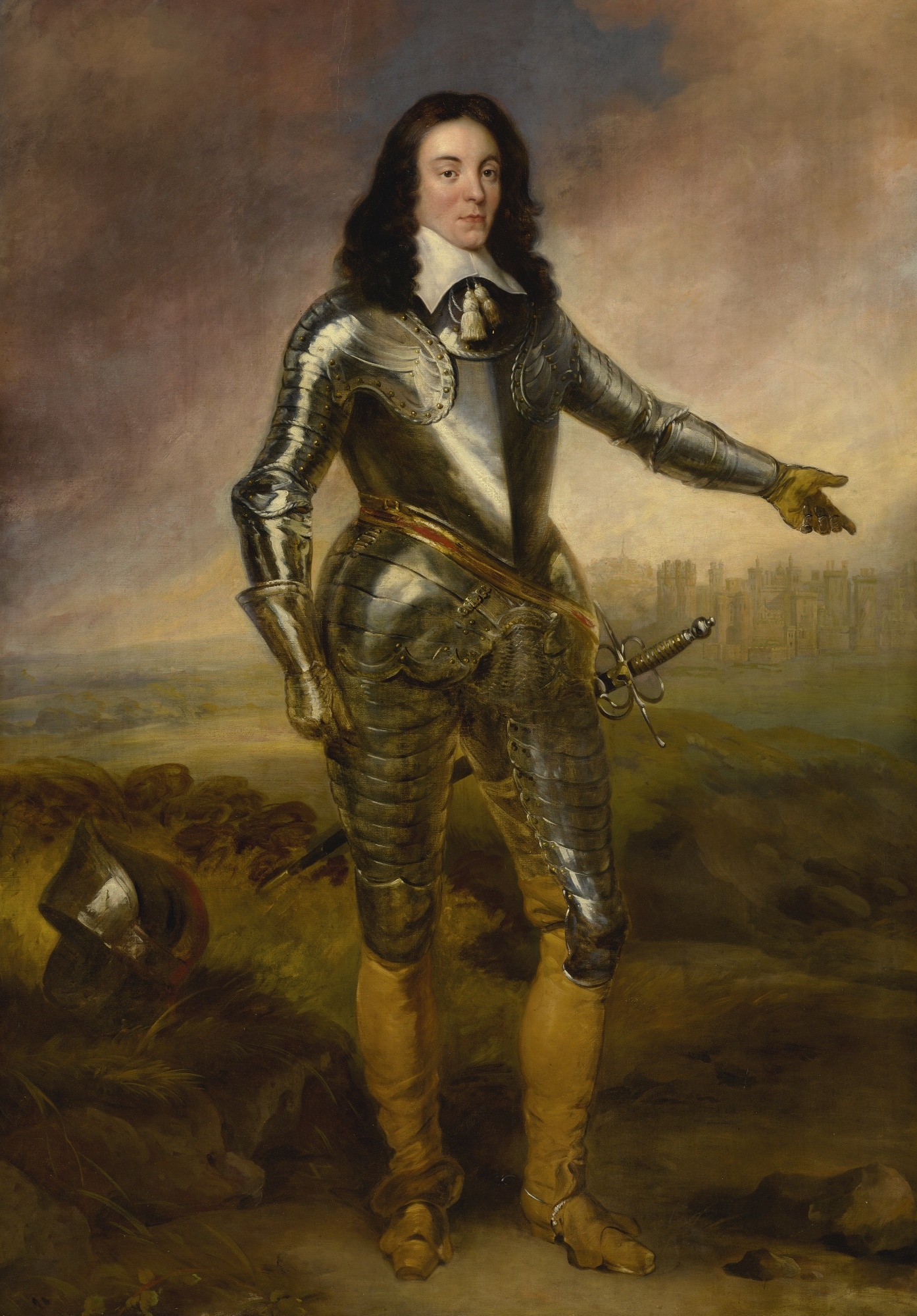 Artwork by British School, 18th Century, PORTRAIT OF A GENTLEMAN, PROBABLY CAPTAIN JOSEPH POOLE OF SYKEHOUSE, WEARING ARMOR AND STANDING IN A LANDSCAPE, Made of oil on canvas