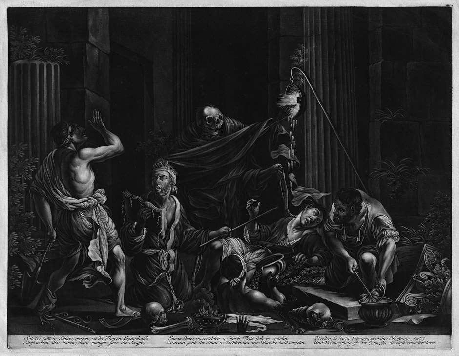 Artwork by Johann Jakob Ridinger, Schatzgräber vom Tod überrascht, Made of mezzotint