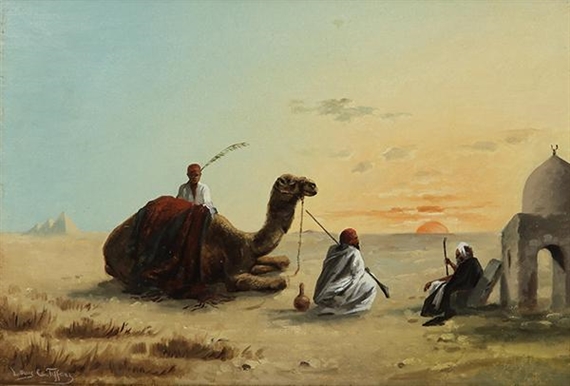 Orientalist Scene at Sunset with Figures and Camel by Louis Comfort Tiffany