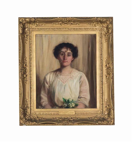 Portrait of Rachel, Countess of Dudley, née Gurney (c. 1867-1920), half-length, in a white dress, holding Lily of the valley by John Longstaff, 1911