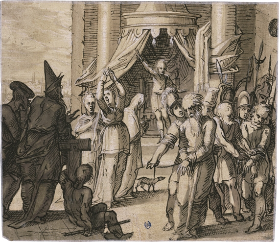 Alttestamentarische Szene (Esther und die Gefangenen Bigthan und Teresh?). by Hermann Weyer, 1614/1615