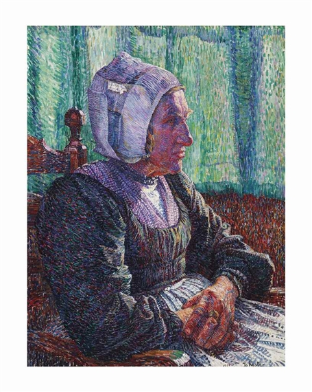 A seated figure in a bonnet rendered with textured brushstrokes against a green background.