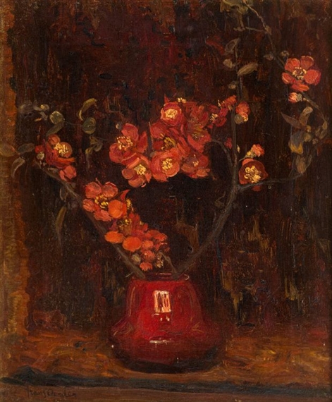 Flowering Quince in a Red Vase by Frans Oerder
