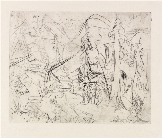 Tannen und Hütten by Ernst Ludwig Kirchner, 1918 - 1919