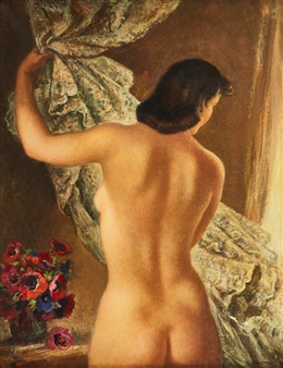 A nude figure stands with back to viewer, hand raised near a patterned curtain, with flowers visible in the lower left corner.