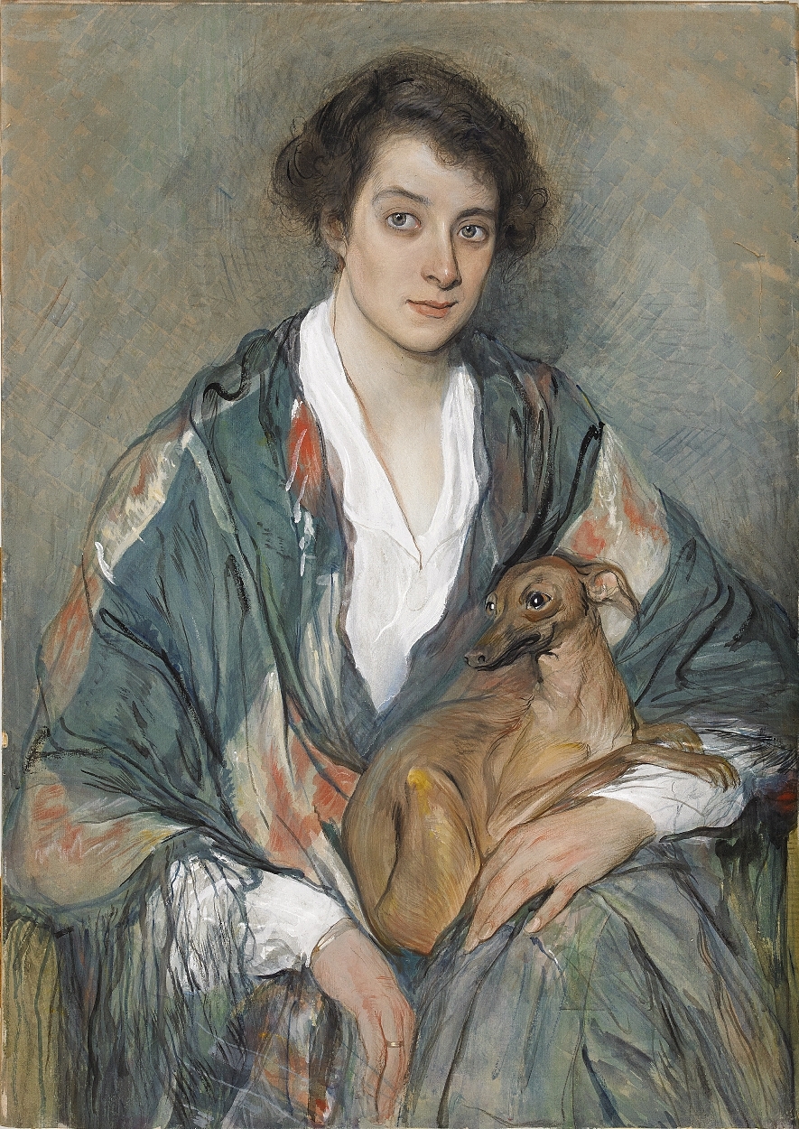 Artwork by Arta group, Portrait of Maya Degutniks with her lapdog, Made of Gouache